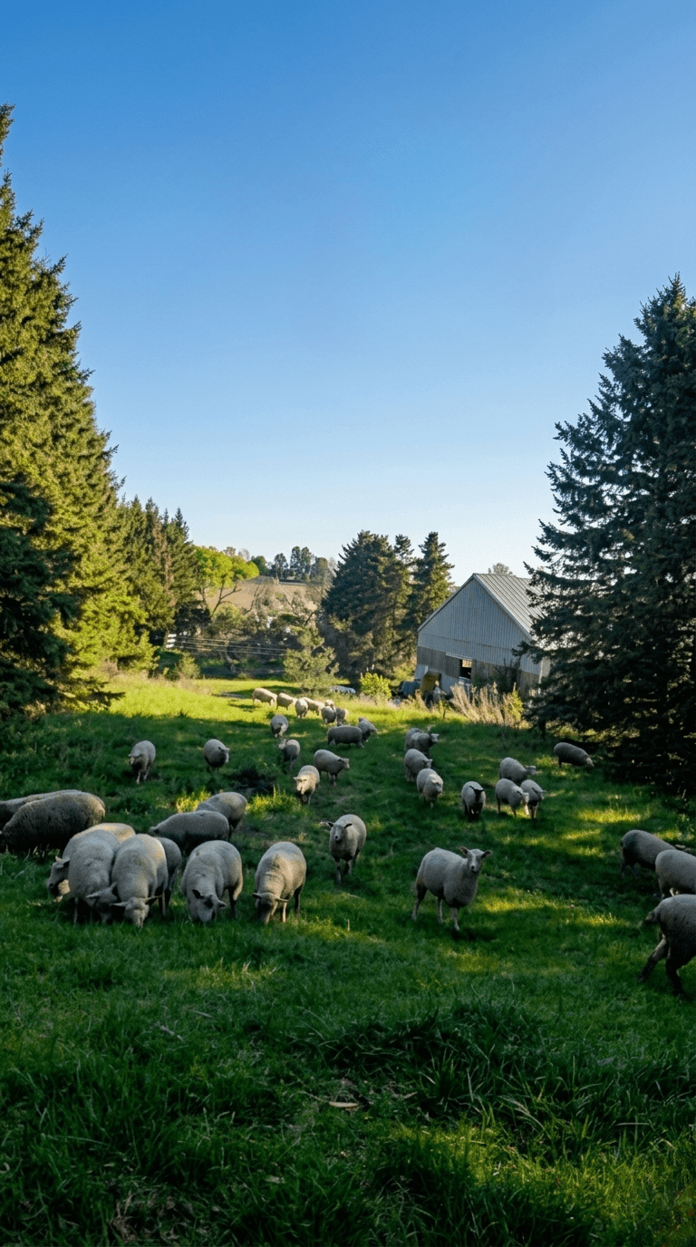 Sahand Farm pasture with sheep grazing in Bradford, Ontario