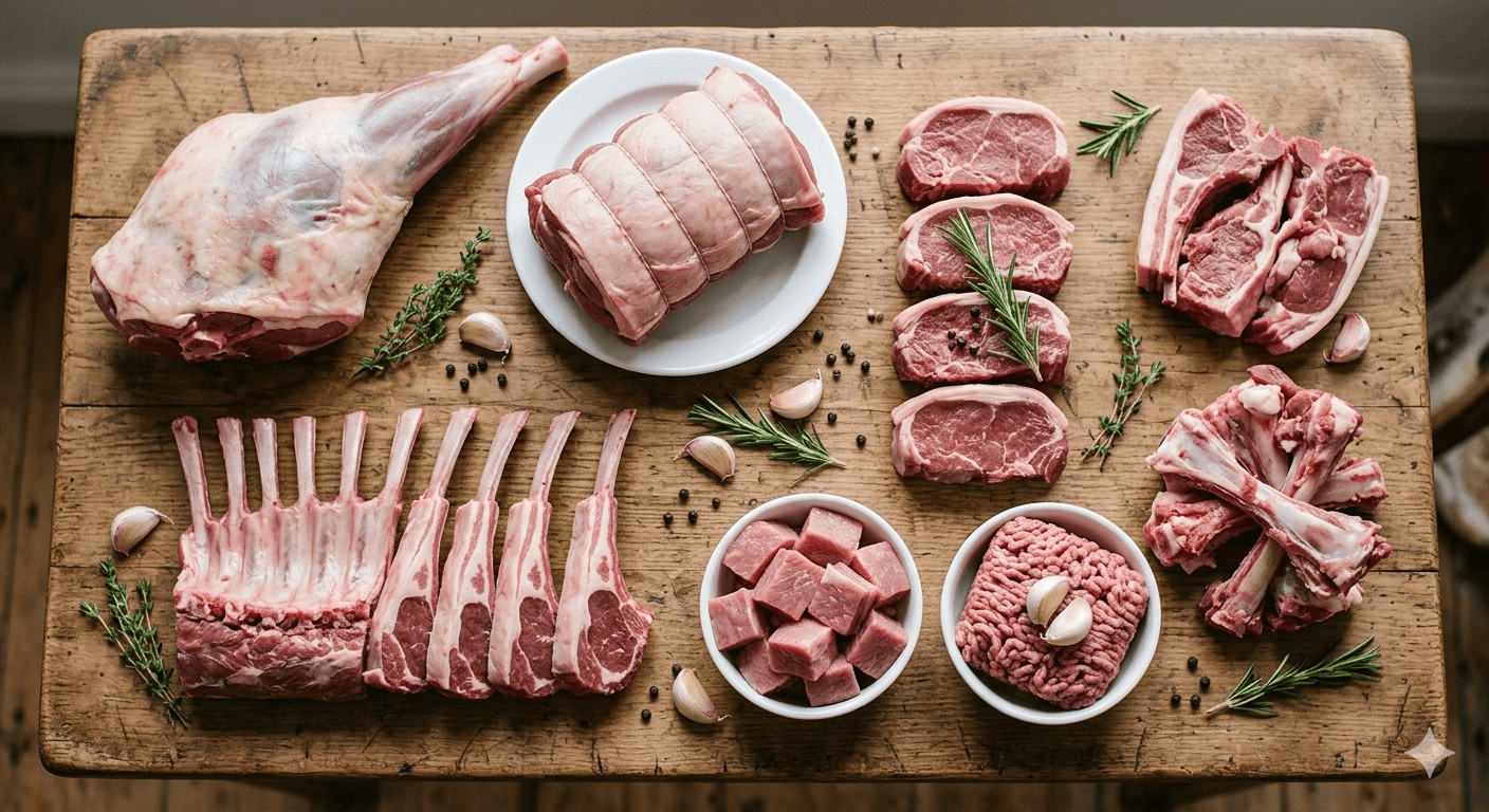 Fresh lamb cuts from one whole sheep arranged on a wooden cutting board